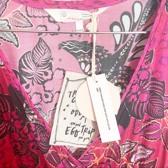 ODD MOLLY Magic Garden Cocktail Midi Dress Floral Paisley Butterfly Pink Small - Picture 5 of 9